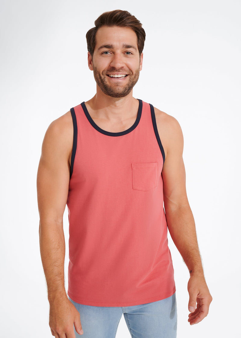 Cotton Stretch Ringer Pocket Tank | Crimson w/Navy