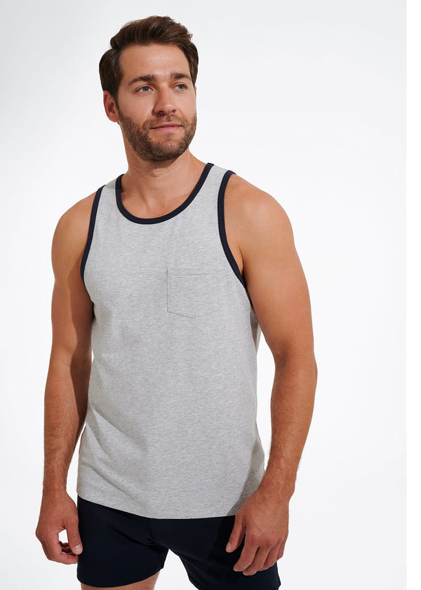 Cotton Stretch Ringer Pocket Tank | Heather Grey w/Navy