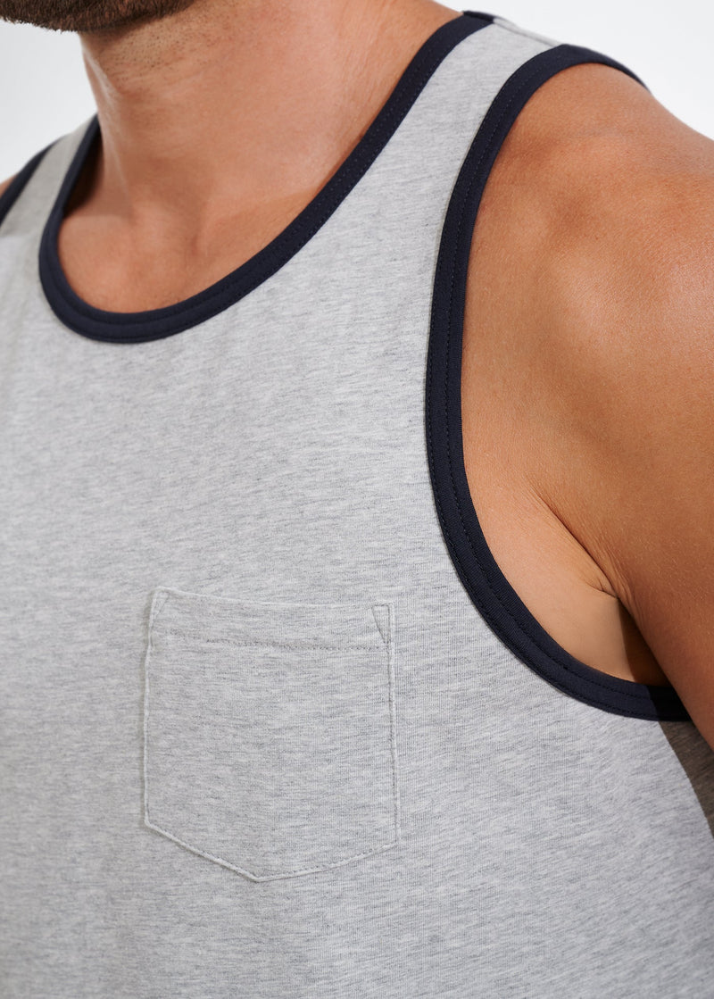 Cotton Stretch Ringer Pocket Tank | Heather Grey w/Navy