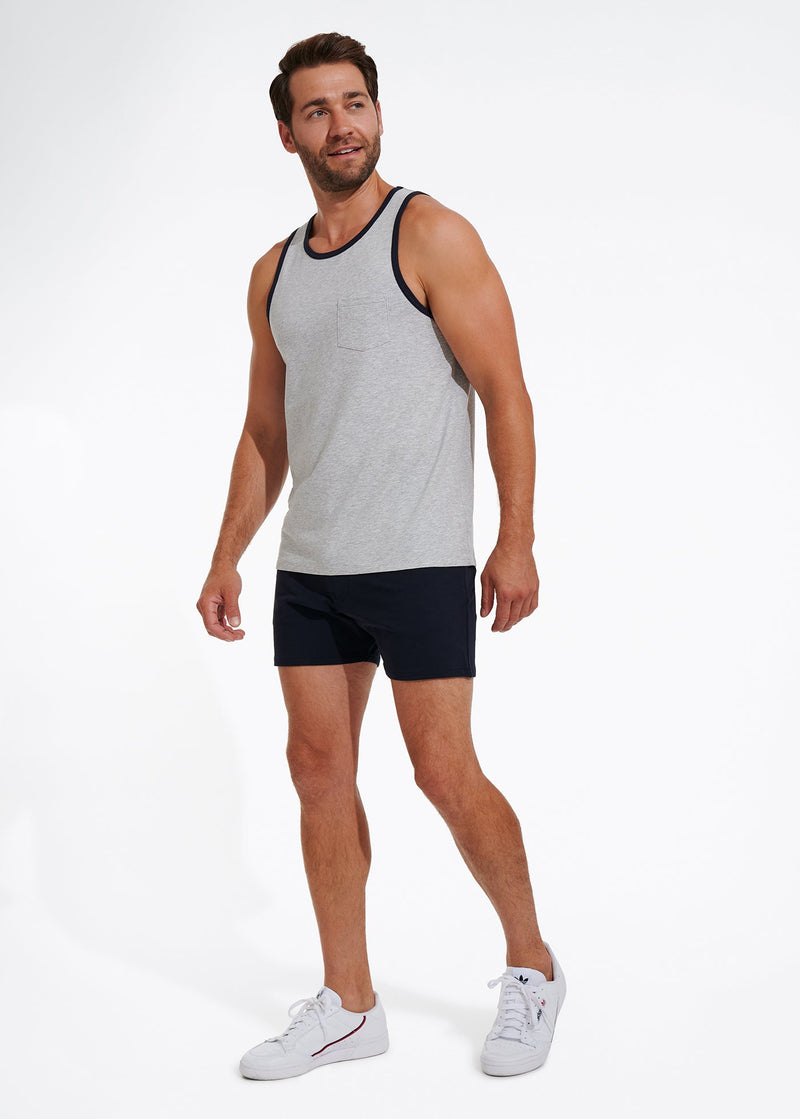 Cotton Stretch Ringer Pocket Tank | Heather Grey w/Navy