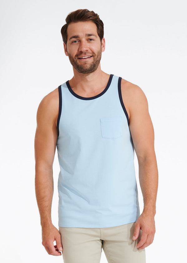 Cotton Stretch Ringer Pocket Tank | Light Blue w/Navy