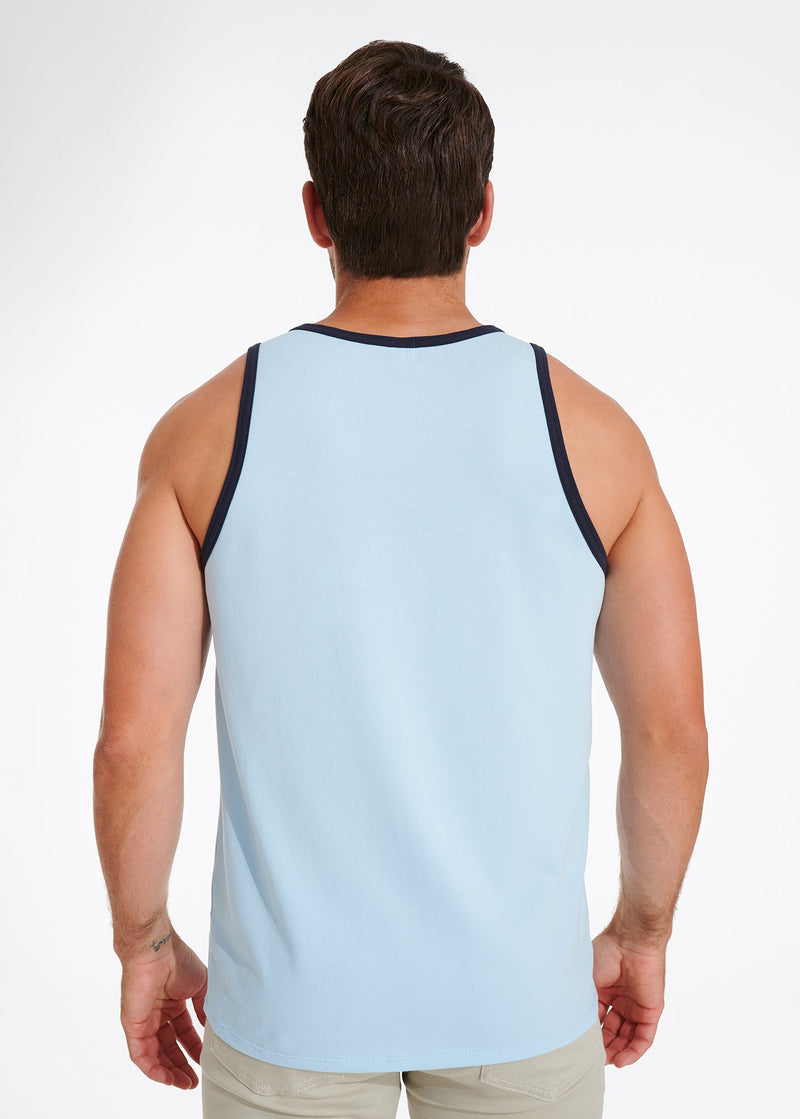 Cotton Stretch Ringer Pocket Tank | Light Blue w/Navy