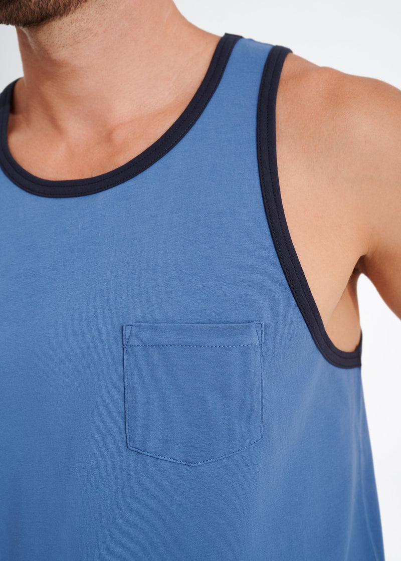 Cotton Stretch Ringer Pocket Tank | Medium Blue w/Navy