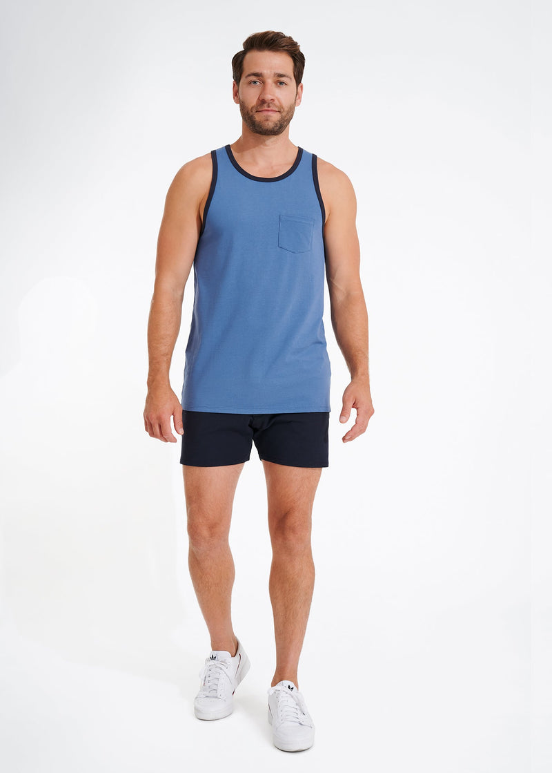 Cotton Stretch Ringer Pocket Tank | Medium Blue w/Navy