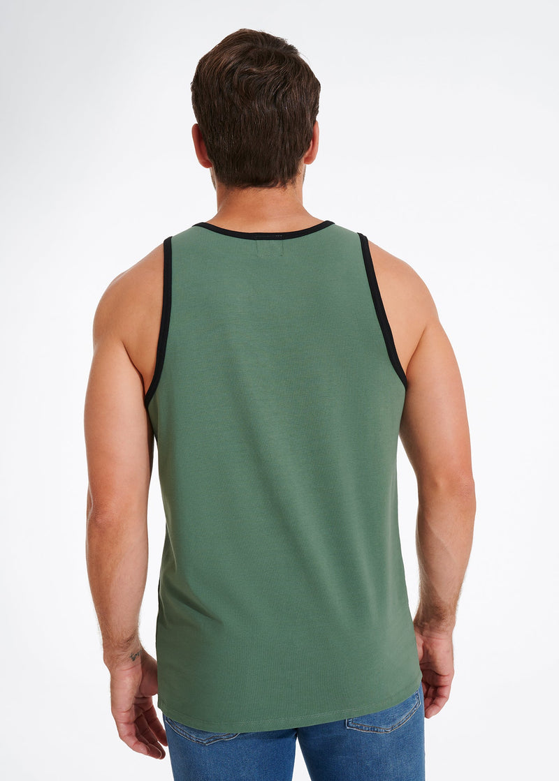 Cotton Stretch Ringer Pocket Tank | Olive w/Black