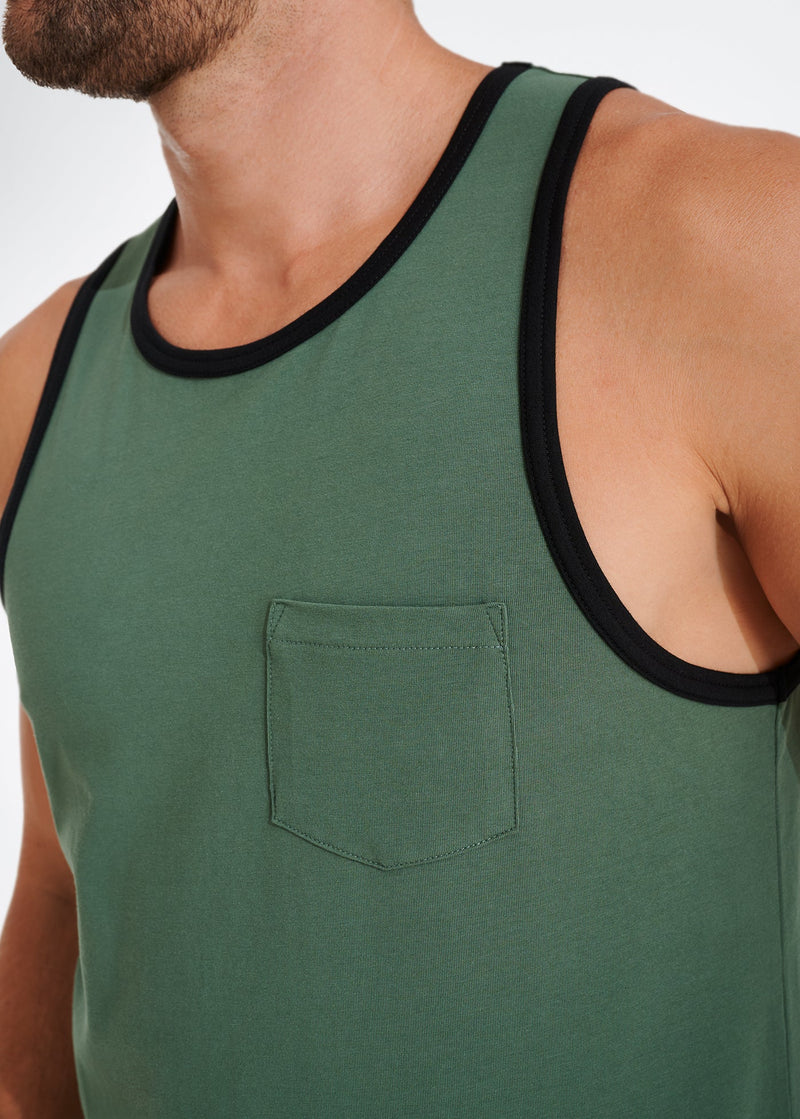 Cotton Stretch Ringer Pocket Tank | Olive w/Black