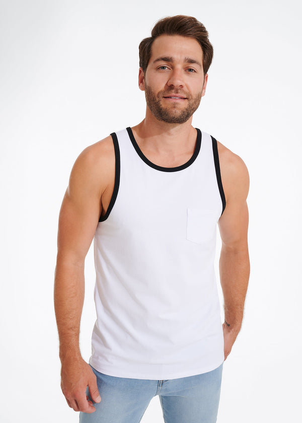 Cotton Stretch Ringer Pocket Tank | White w/Black