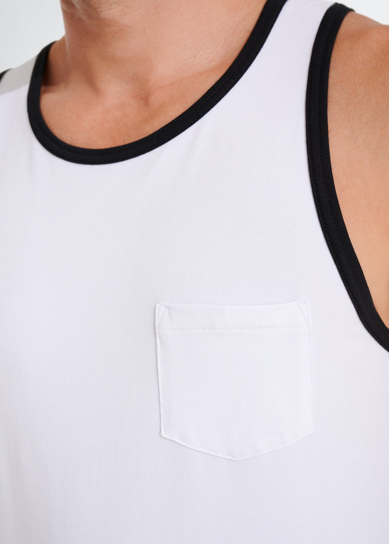 Cotton Stretch Ringer Pocket Tank | White w/Black