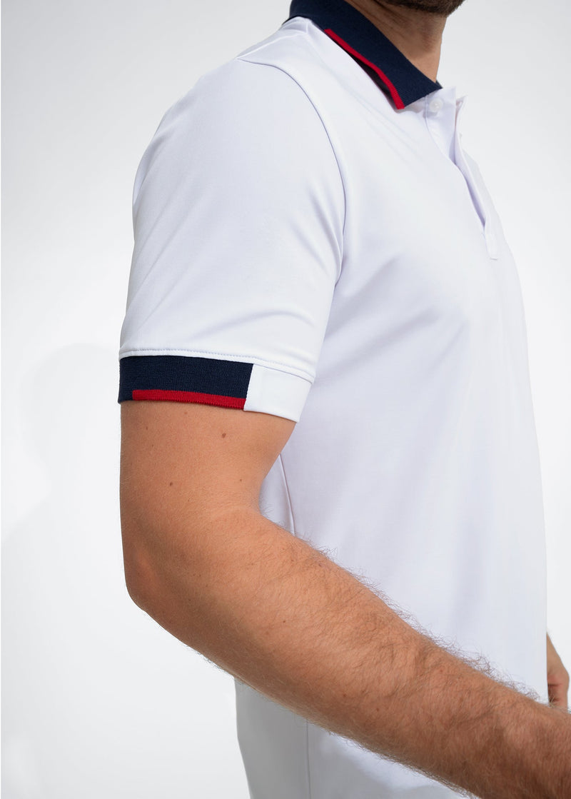 Performance Tipped Polo | White w/ Navy Collar & Red Tipping