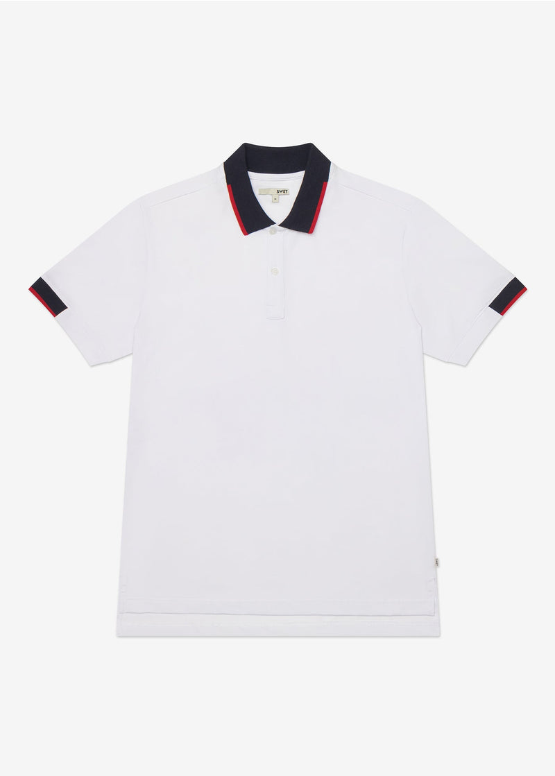 Performance Tipped Polo | White w/ Navy Collar & Red Tipping